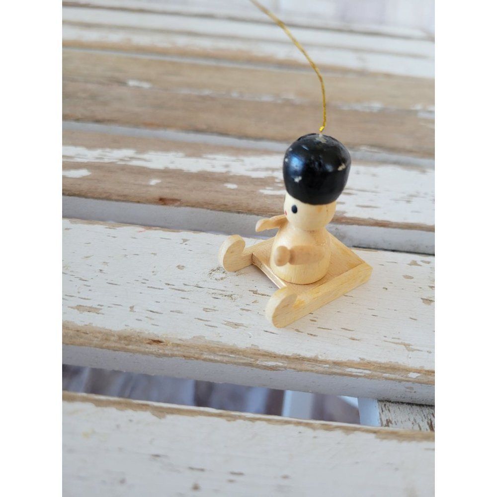 Vintage‎ wooden sled boy ornament mini Xmas tree holiday home decor
